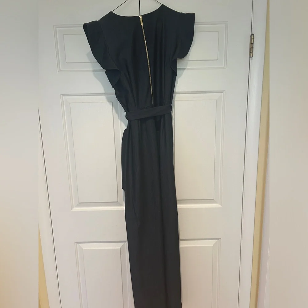 CK Sleeveless Pantsuit Jumpsuit with Statement Flutter Sleeve and Waist Tie - Picture 3 of 3